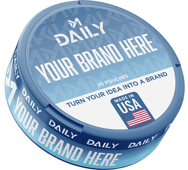 Blue private-label oral pouch tin reading 'Turn Your Idea Into a Brand' with a 'Made in USA' badge